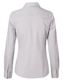 A women's long-sleeve button-up shirt in light blue and white ticking stripes, featuring a collar and back yoke.