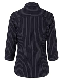 A women's navy pinstripe button-up shirt featuring 3/4 sleeves and a collar, with a logo present on the design.