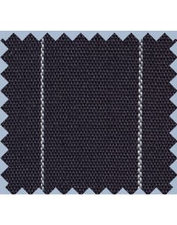 A swatch of dark fabric with narrow white pinstripes, featuring a textured weave and zigzag cut edges.