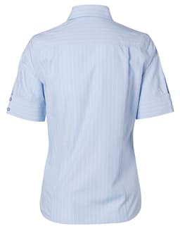 A light blue women's pinstripe short sleeve button-up shirt with a back view and decorative buttons on the sleeves.