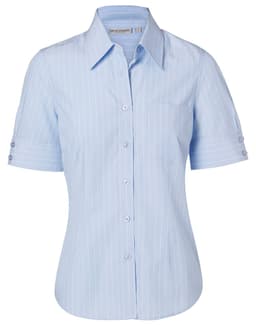 A light blue women's pinstripe short sleeve shirt with a button-up front and a chest pocket.
