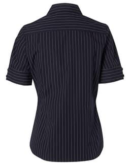 A navy women's pin stripe short sleeve button-up shirt with rolled cuffs. The back design features subtle pinstripes and a collar.