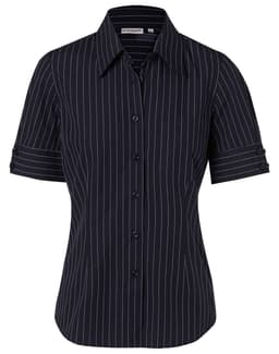 A black women's short sleeve button-up shirt featuring a pinstripe pattern and a chest pocket.