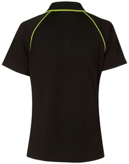 A black short-sleeve polo shirt featuring lime green accents and a logo. The back view highlights the raglan design.