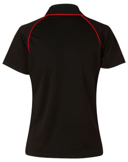 A black men's polo shirt featuring a cool-dry fabric and red accent piping, with a logo on the back.