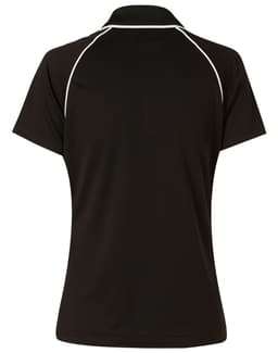 A black short-sleeved polo shirt with raglan sleeves and a contrasting piping detail. Features a logo.