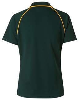 A green polo shirt featuring yellow piping along the shoulders and a logo on the back.