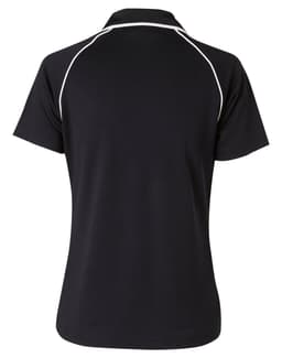 A black short-sleeve polo shirt with a raglan design and contrasting white piping, featuring a logo on the back.