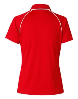 A red men's Cooldry raglan short-sleeve polo shirt featuring contrasting piping and a logo.