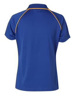 A blue men's Cooldry raglan short-sleeve polo shirt with yellow accents and a logo.