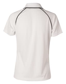 A white men's Cooldry raglan short sleeve polo shirt with contrasting black detailing and a logo on the back.