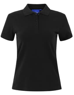 A black ladies cotton stretch polo shirt featuring a classic collar and a three-button placket. Includes a logo.