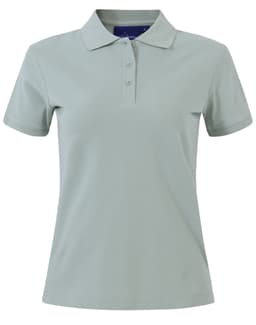 A ladies cotton stretch polo in a light green shade, featuring a collar and a button-up front. It has a logo.