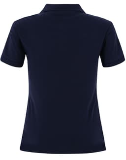 A navy ladies cotton stretch polo shirt featuring a classic polo collar and short sleeves. It has a logo on the front.
