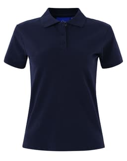 A ladies cotton stretch polo shirt in navy blue with a classic collar and a button placket. Features a small logo.