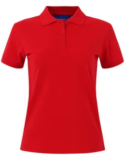 A red ladies cotton stretch polo shirt with a collar and three-button placket. It features a logo on the chest.
