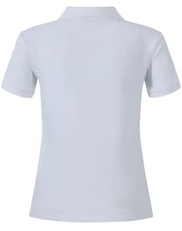 A light blue ladies' cotton stretch polo shirt with a classic collar and short sleeves. It features a logo on the back.