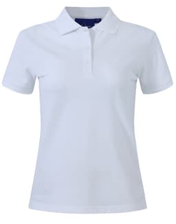 A white ladies cotton stretch polo shirt with a collar and a three-button placket. Features a logo on the chest.