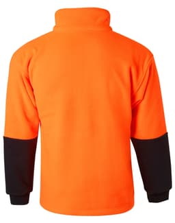 A Hi-Vis polar fleece half zip pullover in bright orange with black sleeves, featuring a logo on the front.