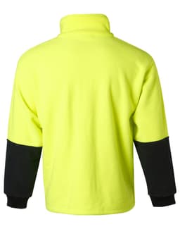 A Hi-Vis polar fleece half zip pullover in fluorescent yellow with black sleeves and a logo.
