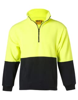 A bright yellow and black Hi-Vis polar fleece half zip pullover with a front zip and long sleeves. Features a logo.