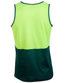 A high-visibility safety singlet featuring a bright yellow front and dark green back, with a logo on it.