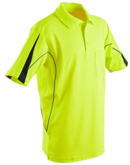 A high-visibility short-sleeve polo shirt in bright yellow with black accents and a pocket. It features a logo.