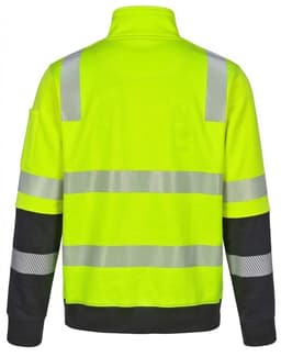 A high-visibility yellow safety jumper with reflective stripes and black sleeves, featuring a logo on one sleeve.