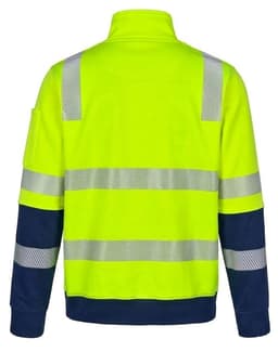 A high-visibility jumper in fluorescent yellow with navy blue sleeves and reflective stripes on the back.