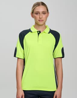 A bright yellow and navy polo shirt with short sleeves and contrast sleeve panels. Features a logo on the chest.