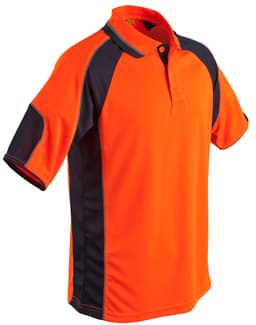 A bright orange polo shirt with navy sleeve panels and a logo, designed for workwear.