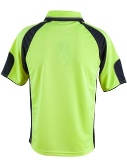 A Hi-Vis polo shirt in bright yellow with navy sleeve panels, featuring a logo on the back.