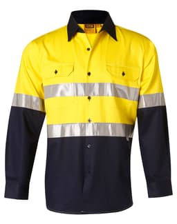A yellow and navy long-sleeve safety shirt featuring reflective silver stripes and a logo.