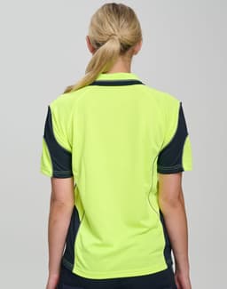 A hi-vis yellow polo shirt with navy accents, featuring a logo, shown from the back.