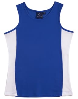 A blue singlet with white contrast panels and a brand logo on the neckline.