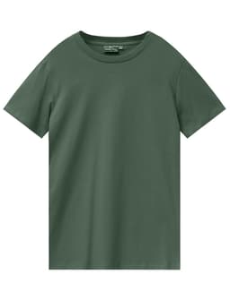 A green men's premium cotton t-shirt with a classic crew neckline and short sleeves, featuring a logo on the label.