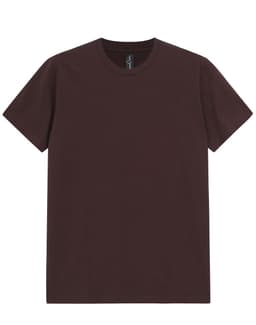 A maroon premium cotton t-shirt with a classic crew neck and short sleeves, featuring a logo.