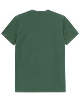 A green premium cotton men's t-shirt, featuring a plain back design and a subtle branding logo.