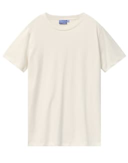 A plain white men's premium cotton tee with short sleeves and a round neckline. Features branding on the label.