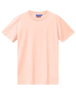 A plain peach-coloured men's premium cotton t-shirt featuring a round neckline and short sleeves, with a brand logo.