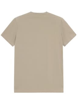 A beige men's premium cotton tee featuring a simple design and short sleeves, with a branding logo.