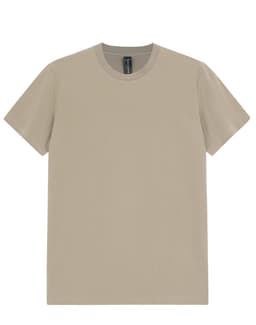 A men's premium cotton tee in a light beige colour, featuring short sleeves and a round neckline, with a logo tag.