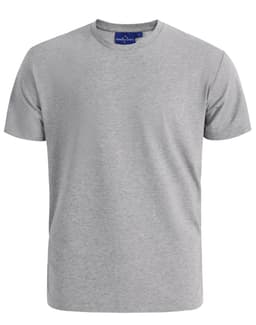 A grey men's premium cotton short sleeve t-shirt with a crew neckline and a logo on the label.