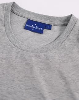A grey men's premium cotton short sleeve tee shirt featuring a round neckline and a branded label.