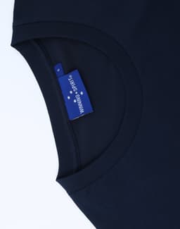 A navy blue men's premium cotton short sleeve t-shirt with a tag inside the collar.