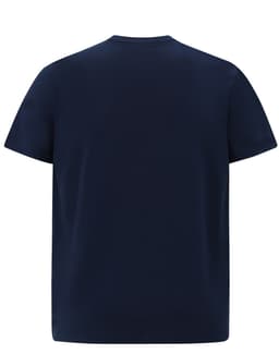 A navy blue men's premium cotton short sleeve tee shirt featuring a plain back design and a logo.