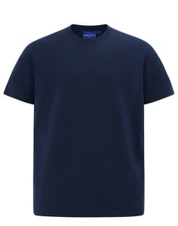 A navy blue men's premium cotton short-sleeve T-shirt, featuring a simple design and logo.
