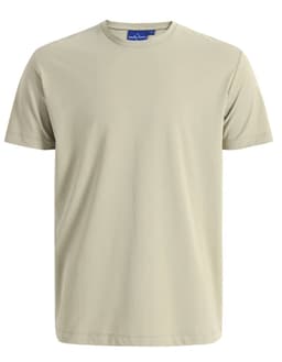 A light khaki men's premium cotton short-sleeve T-shirt with a simple design and a tag at the neckline.
