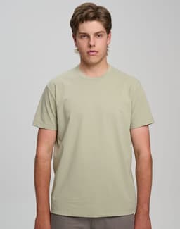 A light green men's premium cotton short sleeve t-shirt with a classic fit and a logo.