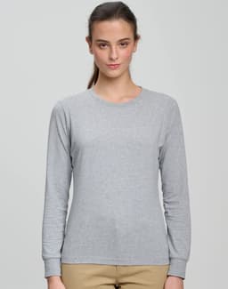 A long-sleeve tee shirt in light grey, featuring a round neckline and a fitted design. It has a logo on the chest.